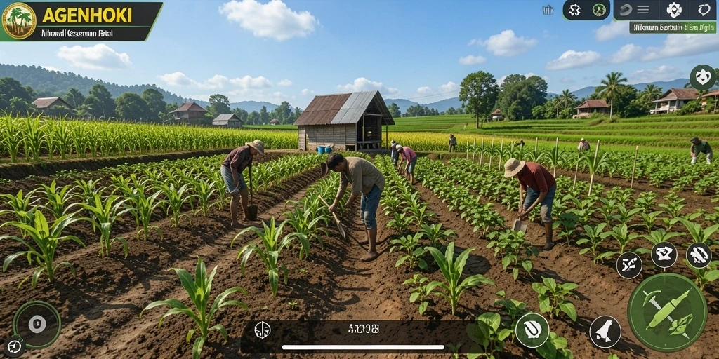 Tampilan gameplay AGENHOKI dengan ladang hijau subur dan interaksi seru.