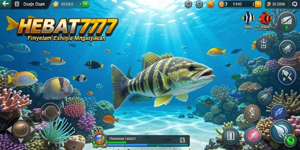 Tampilan gameplay HEBAT777 dengan berbagai ikan dan lokasi memancing yang memukau.