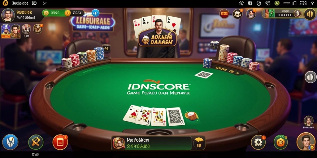 Tampilan gameplay IDNSCORE yang penuh aksi dan keseruan permainan Poker.