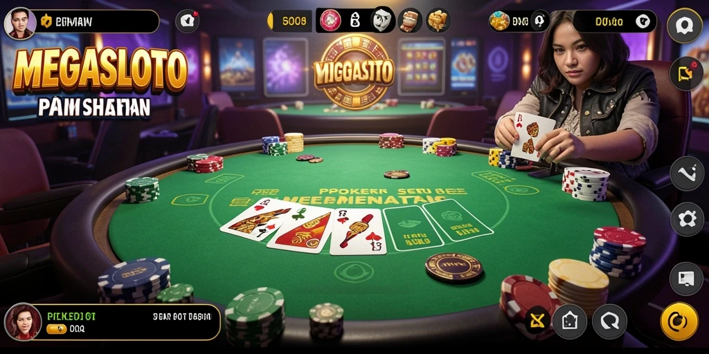 Tampilan gameplay seru dari MEGASLOTO dengan suasana Poker yang mendebarkan.