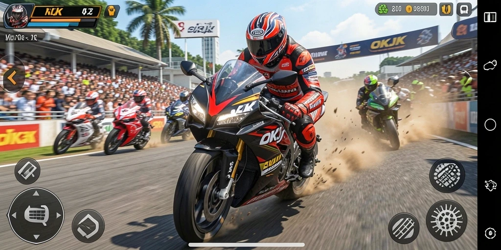 Screenshot gameplay OKJK menampilkan balapan motor yang seru dan grafis yang menawan.