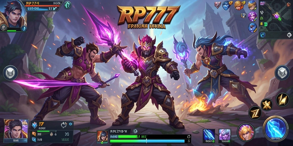 Screenshot gameplay RP777 menampilkan pertarungan seru antar hero.