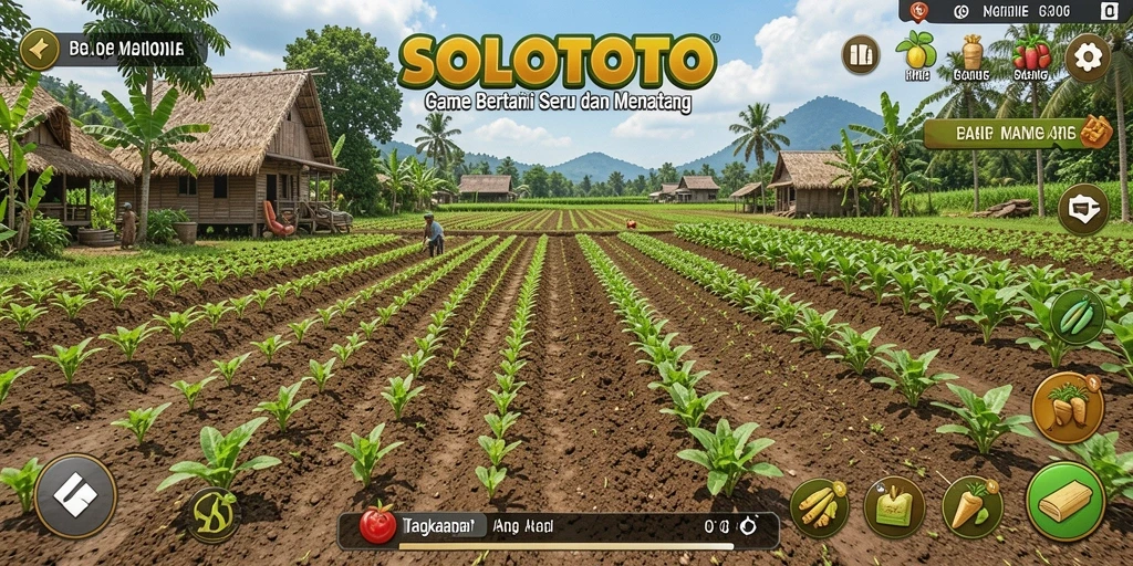 Tampilan gameplay SOLOTOTO dengan ladang subur dan aktivitas berkebun.